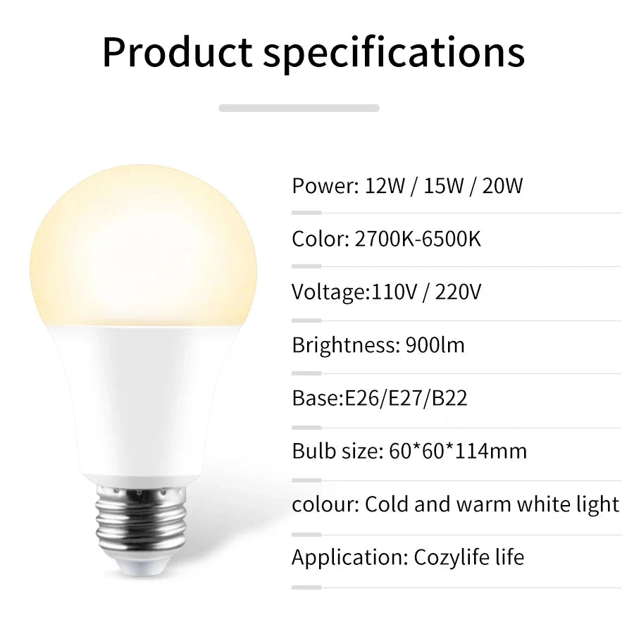 E27 WiFi Smart LED Light Bulbs 110V 220V Lamp 12W 15W 20W Kitchen Bedroom Lamp Cozylife APP Control Support Alexa Google Home