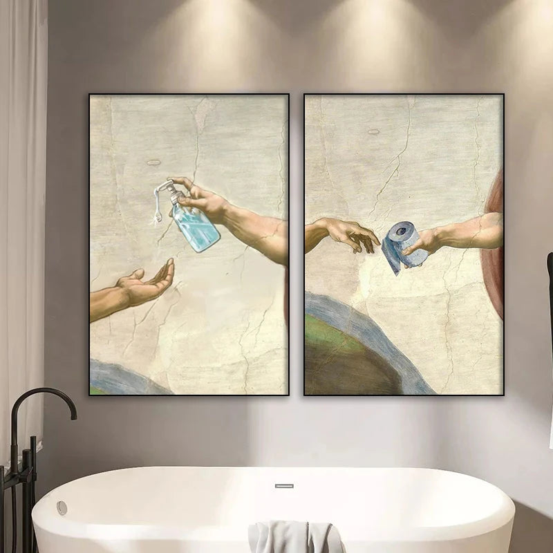 Retro Hand of God and Adam Funny Toilet Paper Picture Canvas Painting Poster For Wash Room Bathroom Living Wall Art Home Decor