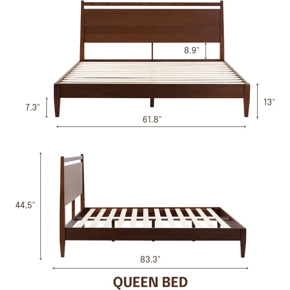 Adept Bed Frame Headboard, Crafted from Walnut, Rubber Wood Silent Slats and Wood Central Supports, 1000 Lb Capacity