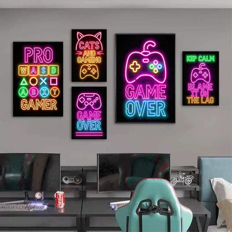 Neon Art Happy Gaming Zone Games Room Poster Print Canvas Painting Gamer Office Wall Art For Boy Bedroom Home Decor No LED