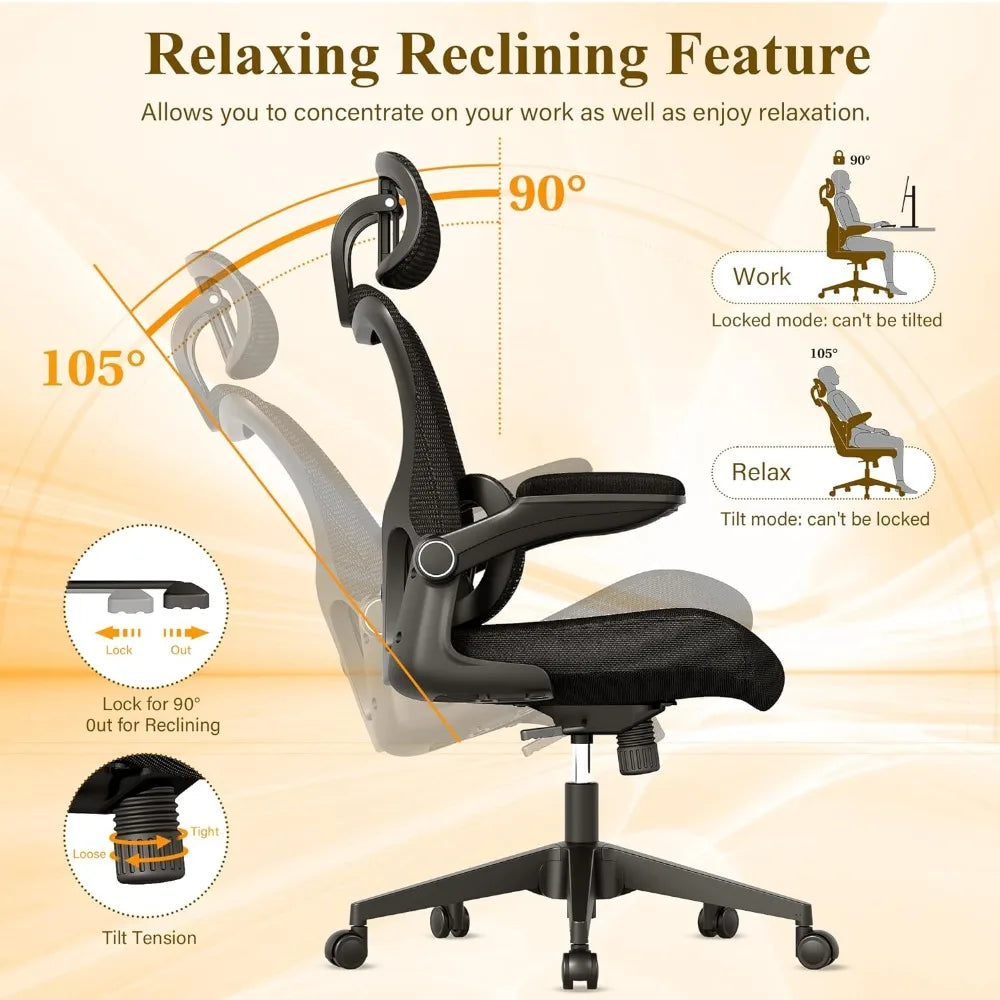 Ergonomic Mesh Office Chair, High Back Desk Chair with Adjustable Lumbar Support, Flip-Up Arm, Headrest, Swivel Rolling Wheel