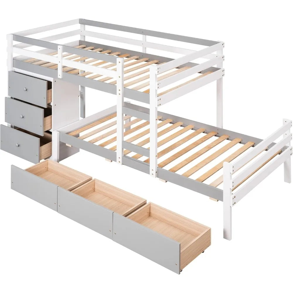 Twin Over Twin Low Bunk Bed with 6 Storage Drawers&Ladder, Wooden Loft Bunkbed for Kids Teens Bedroom,Gray