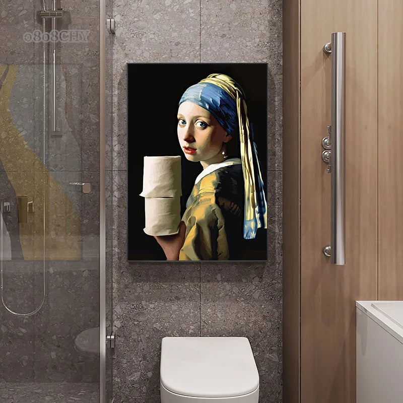 Funny Bathroom Toilet Poster Mona Lisa and Wearing Pearls Girl with Roll Paper Canvas Prints Posters Home Toilet Wall Art Decor