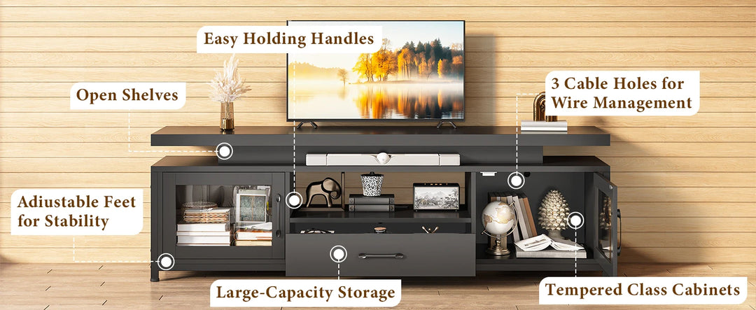 TV Stand, Power Outlets for 55/60/65 Inch TV, Gaming Entertainment Center with Storage Drawer and 2 Glass Cabinet, TV Stands