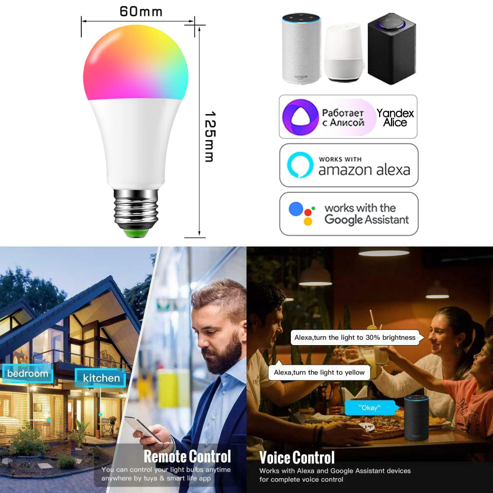 15W WiFi Smart Light Bulb B22 E27 LED RGB Lamp Work with Alexa/Google Home 85-265V RGB+White Dimmable Timer Function color Bulb