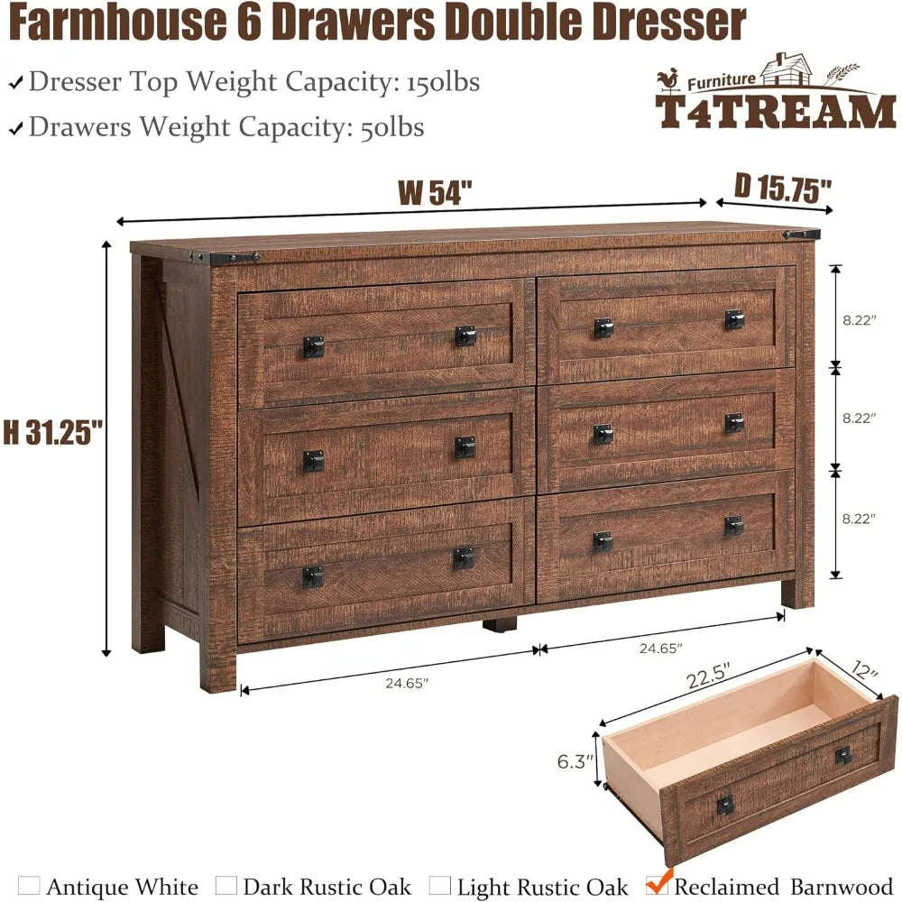 Farmhouse 6 Drawers Dresser Chests for Bedroom, Wood Rustic Wide Chset of Drawers,Storage Dressers Organizer for Bedroom