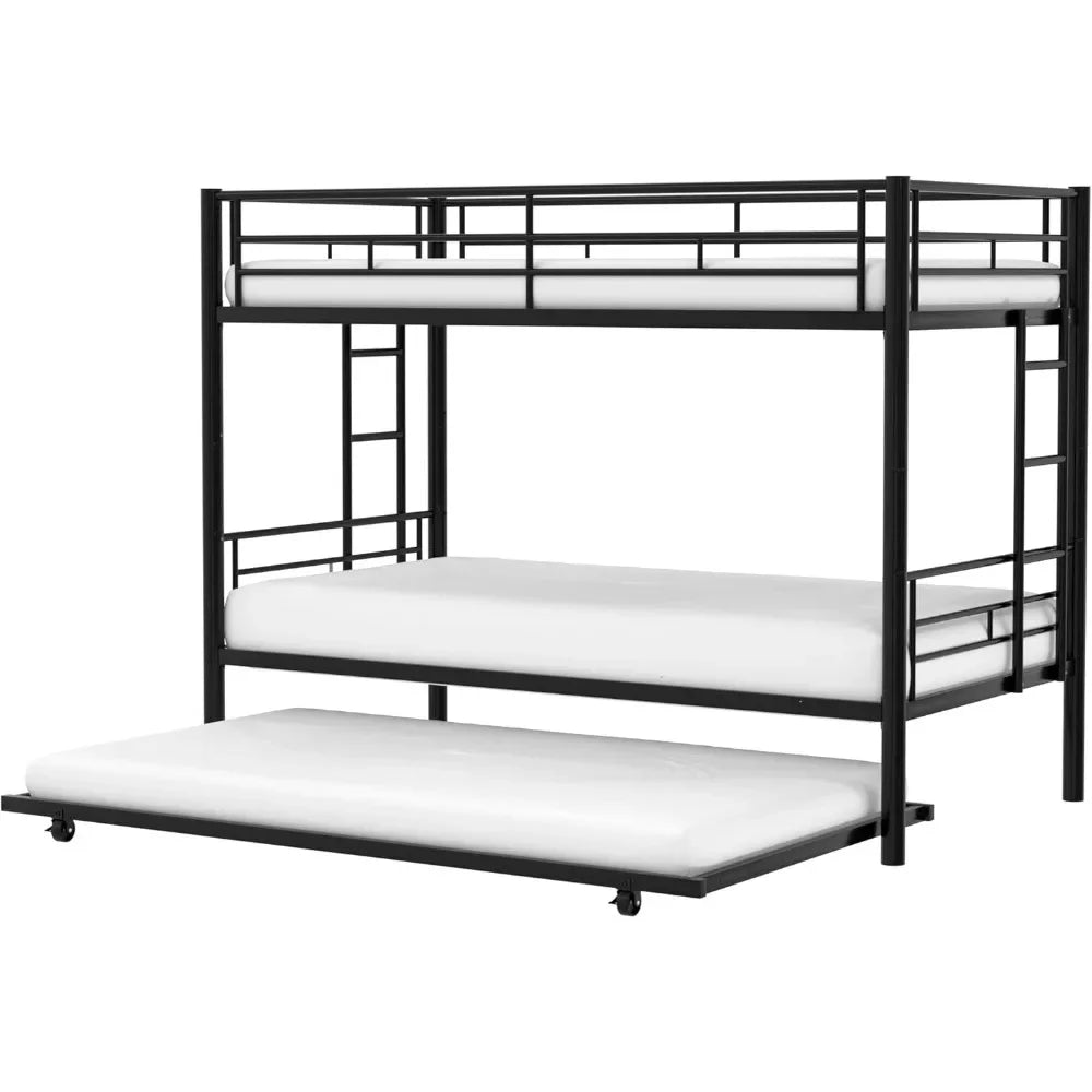 Twin Over Twin Bunk Bed with Trundle, Metal Bunkbeds with Ladder and Full-Length Guardrail, No Box Spring Needed, Black