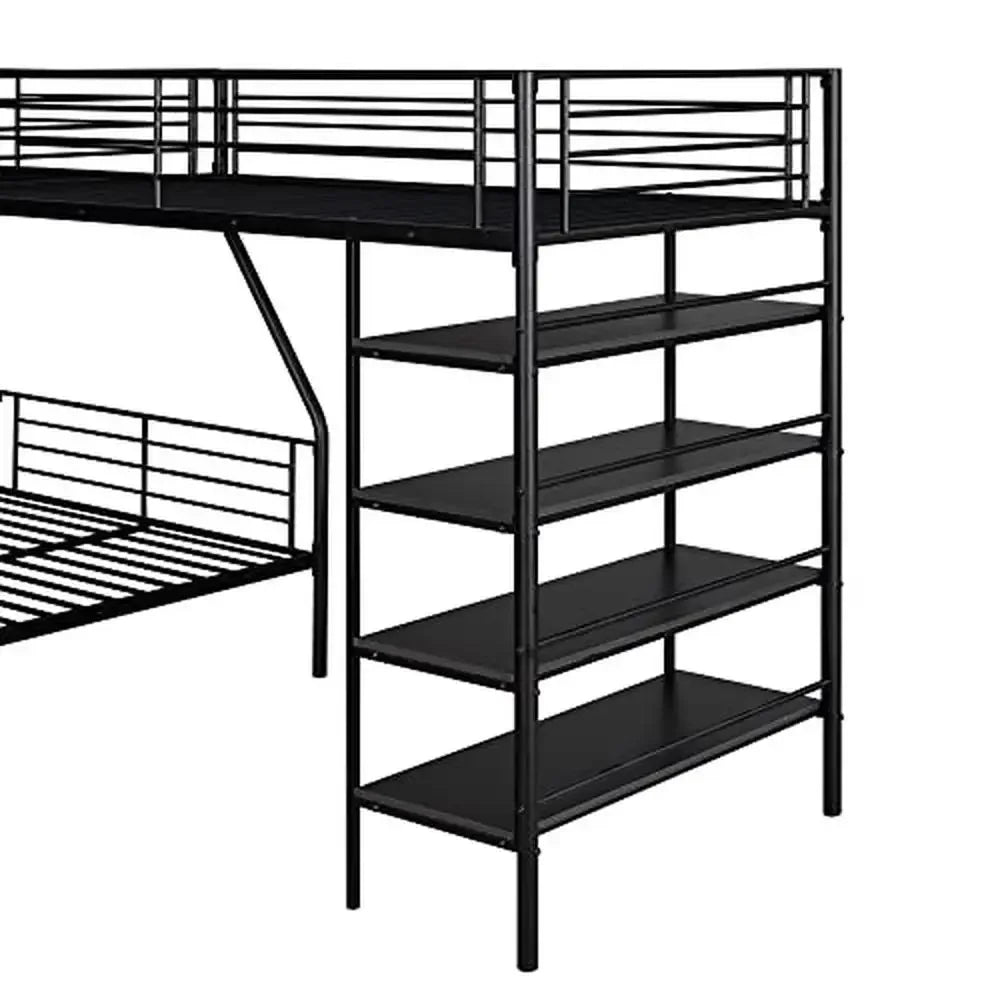 L-Shaped Metal Corner Bunk Bed with Loft & Shelves Twin Over Full Bunk Bed Integrated Ladder & Guardrails No Box Spring Needed