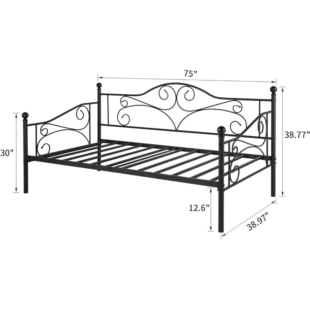 Daybed Metal Bed Frame Twin Size Steel Slat Support/Strong Legs Headboard/Mattress Foundation, Multi-Functional Furniture