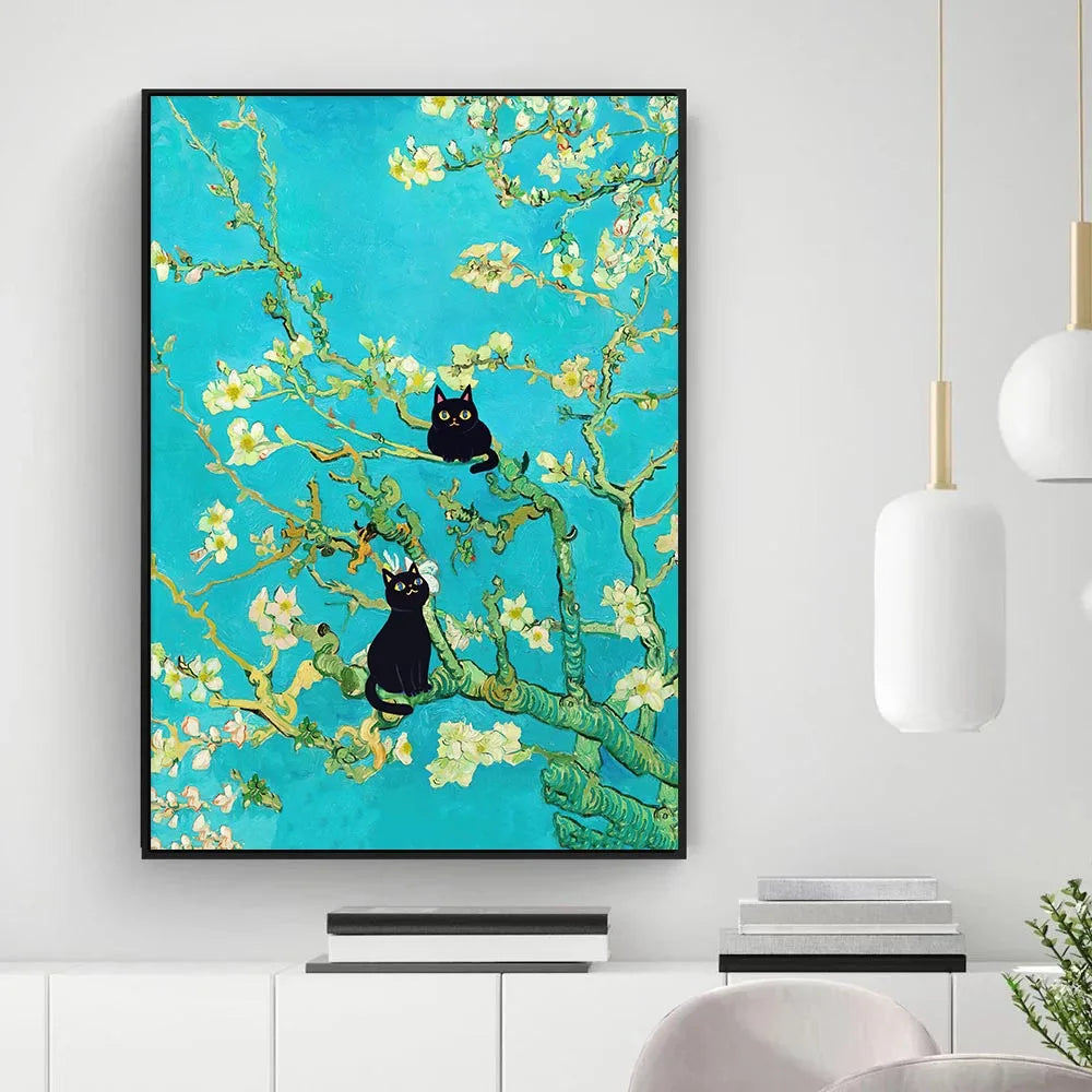 Funny Black Cat Wall Art Van Gogh Starry Night Poster Abstract Famous Reproduction Canvas Painting Aesthetic Room Home Decor