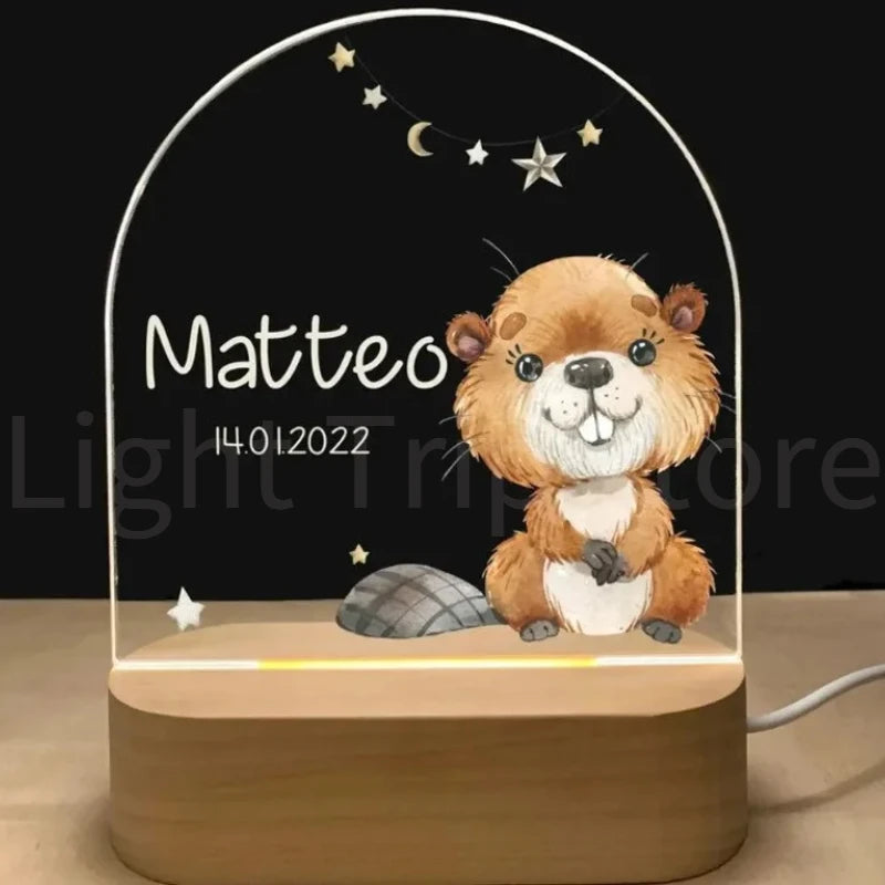 Personalized Baby Birth Night Light Custom Name Animal Elephant Lion with USB Wood Base Lamp for Bedroom Table Rainbow Decor