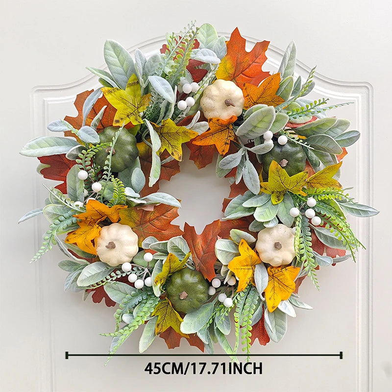 45cm Fall Wreaths Pumpkin Berry Maple Leaf Artificial Wreath Harvest Autumn Door Wreath Christmas New Years Home Hanging Decor