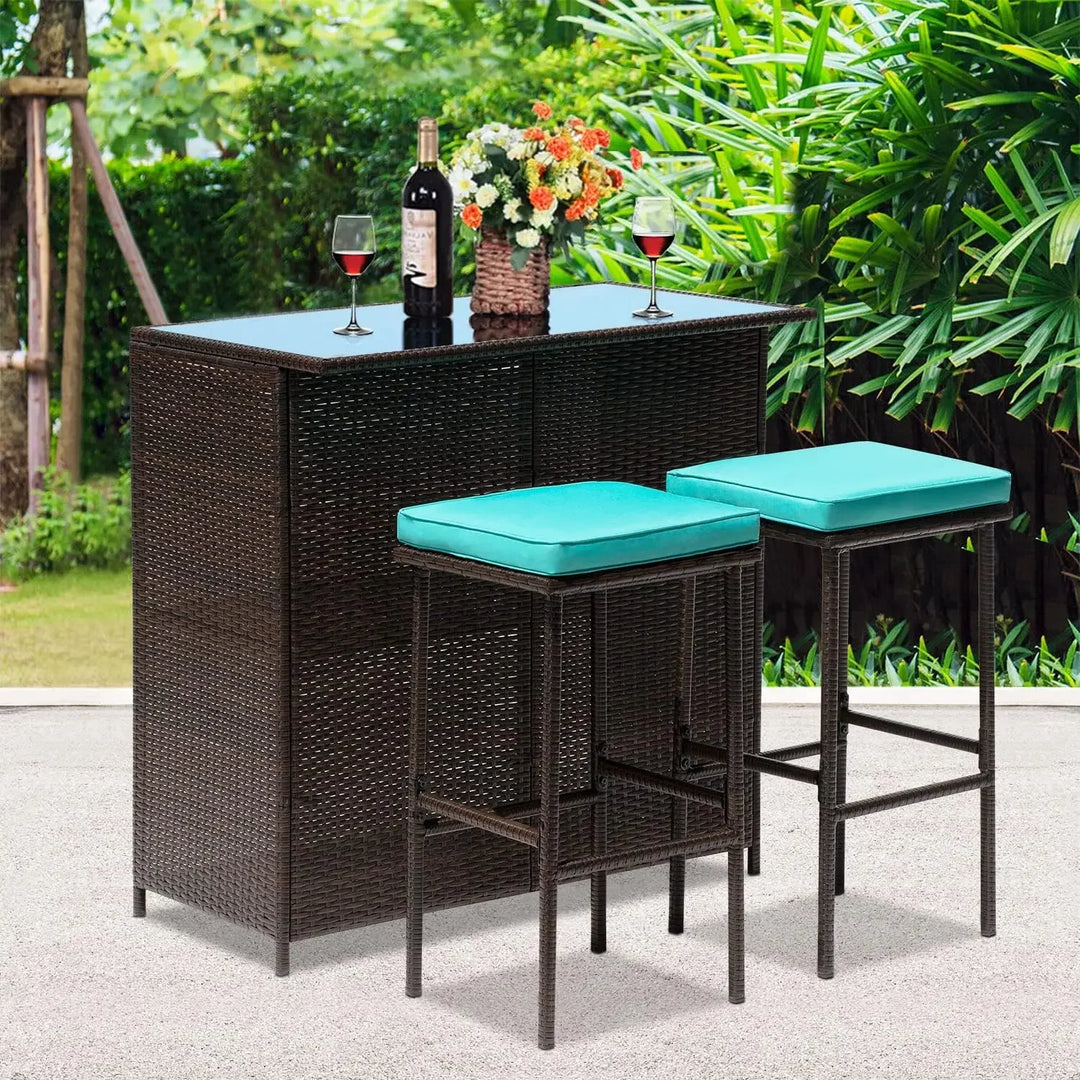 3PCS Patio Bar Set Outdoor Furniture Set Wicker Bistro Set with Two Stools for Patio Backyard Balcony