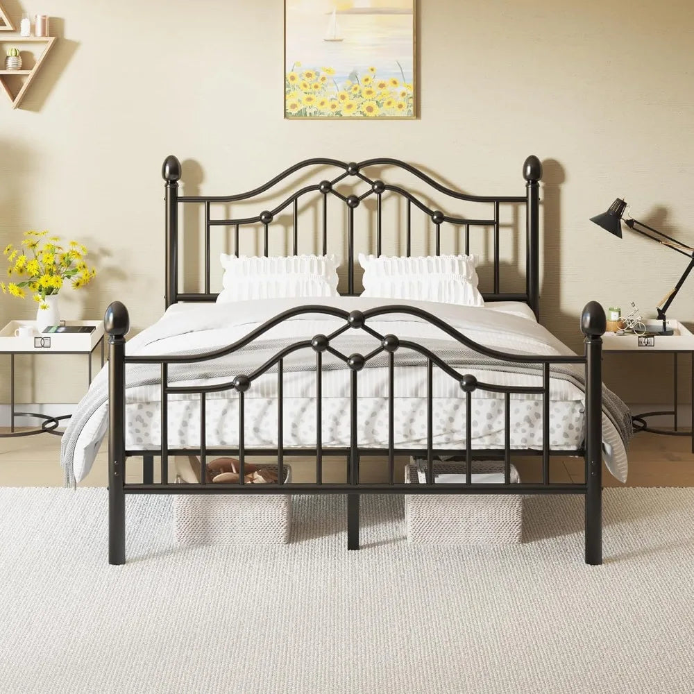 Metal Bed Frame with Classical Headboard and Footboard, Platform Bed Frame with Sturdy Metal Slats Support