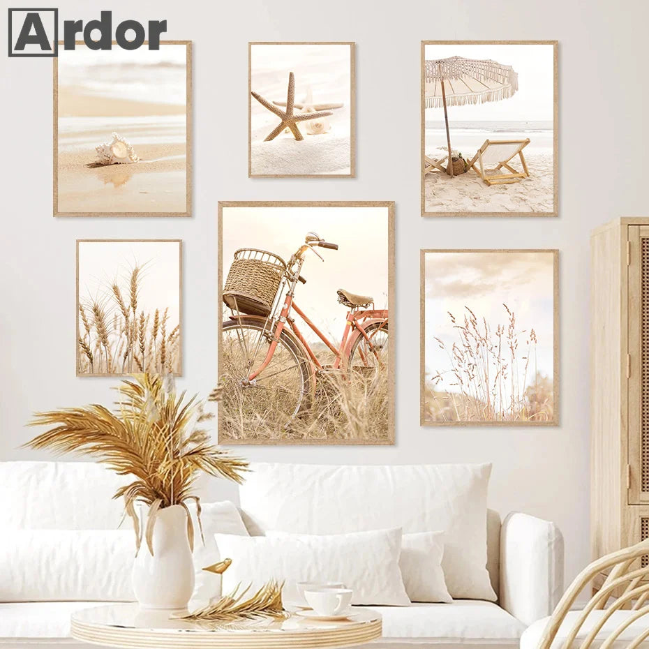 Boho Beige Beach Starfish, Shells, Reeds, Bike, Wall Art Canvas Prints For Your Home Décor