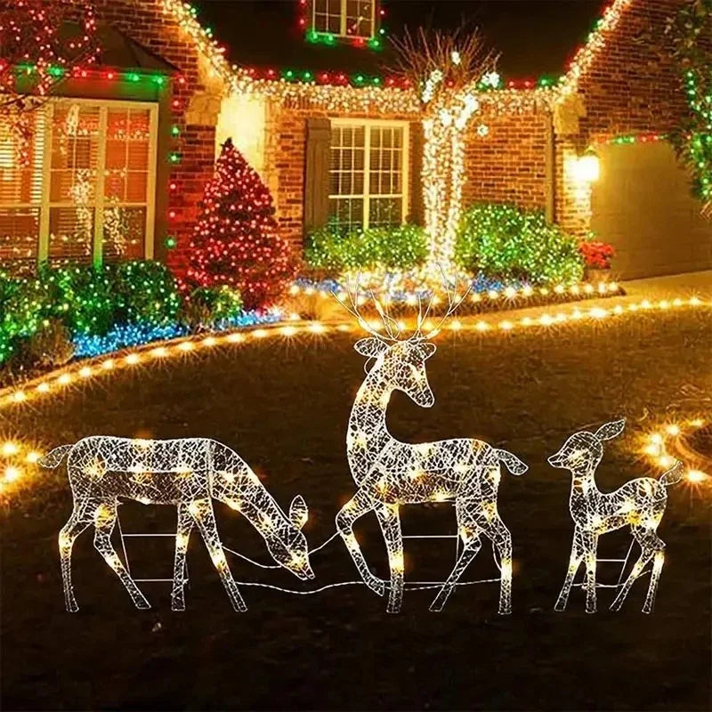 3pcs Handcraft Iron Art Elk Deer Christmas Garden Decor&LED Light Glowing Glitter Reindeer Xmas Home Outdoor Yard Ornament Decor