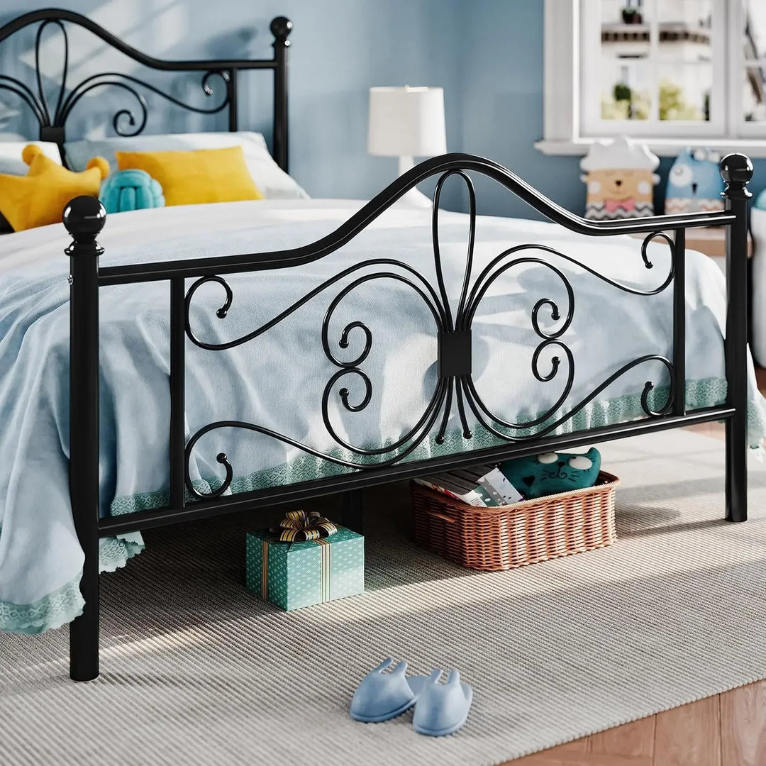 Queen Size Bed Frame and Headboard,Metal Bed Frame with Butterfly Pattern Design Headboard