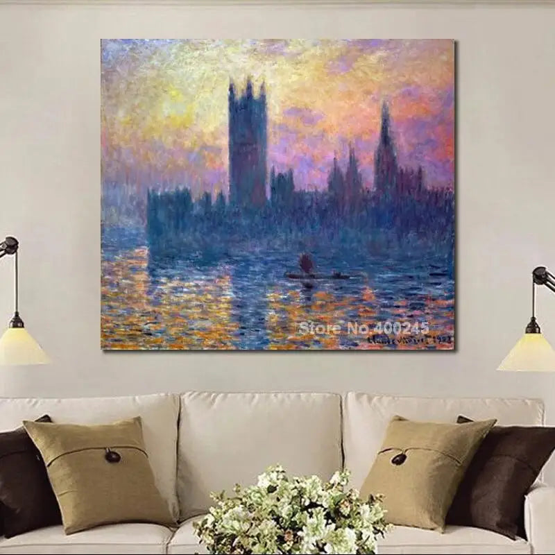 Impressionist Landscape Canvas Art Claude Monet Painting The Houses of Parliament Sunset Artwork Living room Decor High Quality