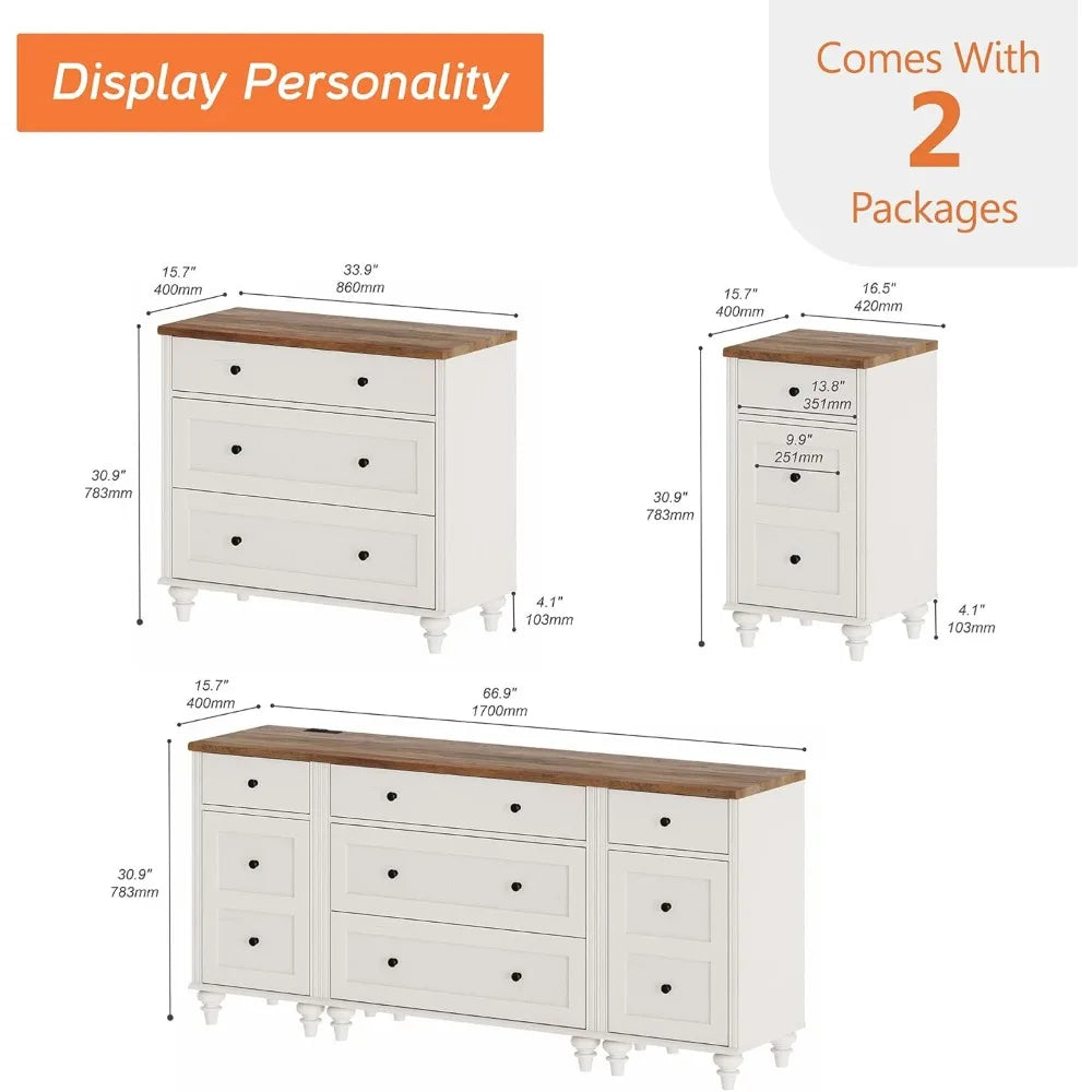 Dresser for Bedroom with 5 Drawers and 2 Storage Cabinet, Nightstands with Charging Station for Living Room