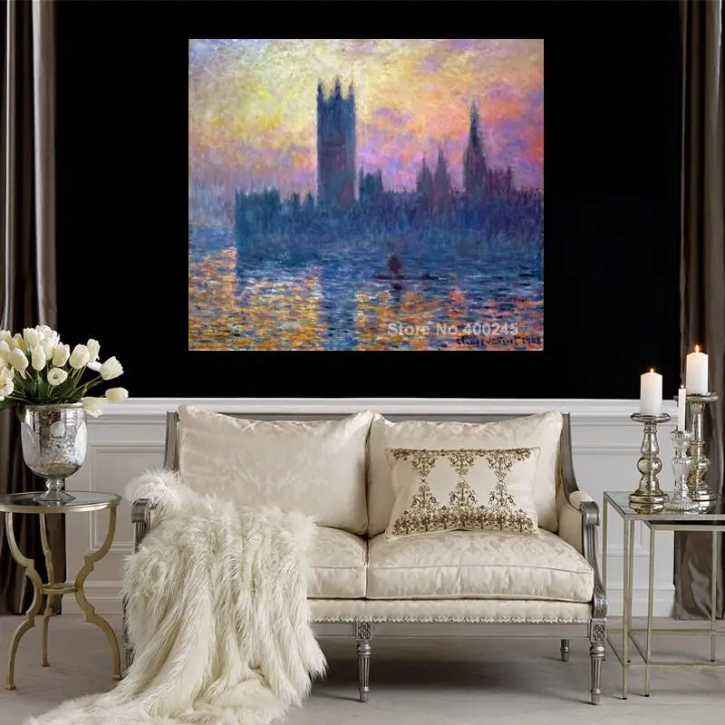 Impressionist Landscape Canvas Art Claude Monet Painting The Houses of Parliament Sunset Artwork Living room Decor High Quality