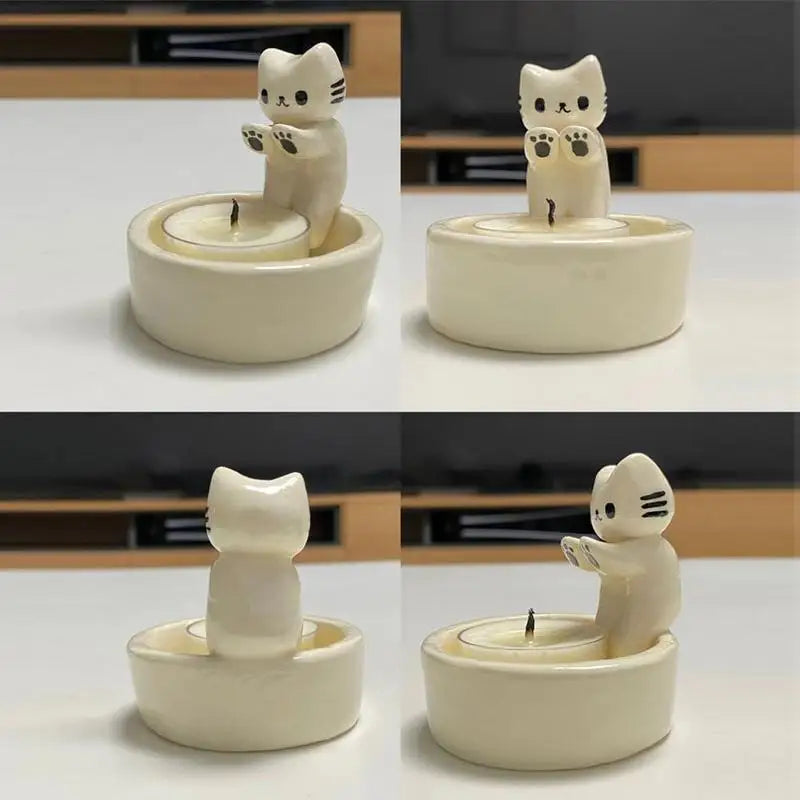 Cute Kitten Candle Holder Grilled Cat Shaped Aromatherapy Candle Holder Office Home Desktop Decorative Ornaments Birthday Gifts