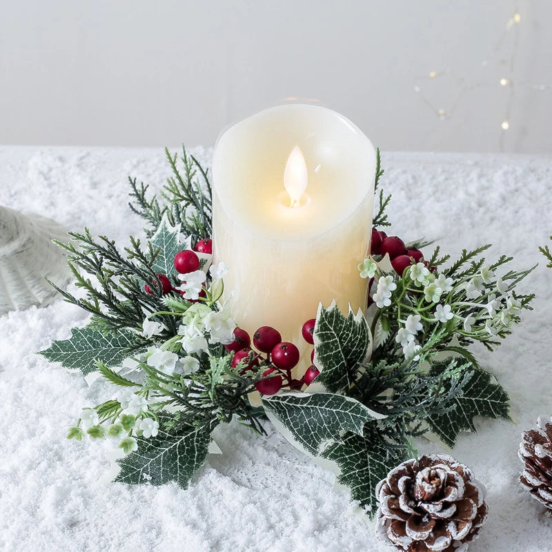 Christmas Candlestick Wreath Artificial Berry Garland Candle Ring