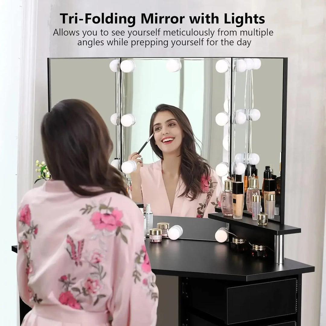 Vanity with Lights - Makeup Vanity Desk with 3 Color Lighting Modes Adjustable Brightness, Vanity Table with 5 Rotating Drawers