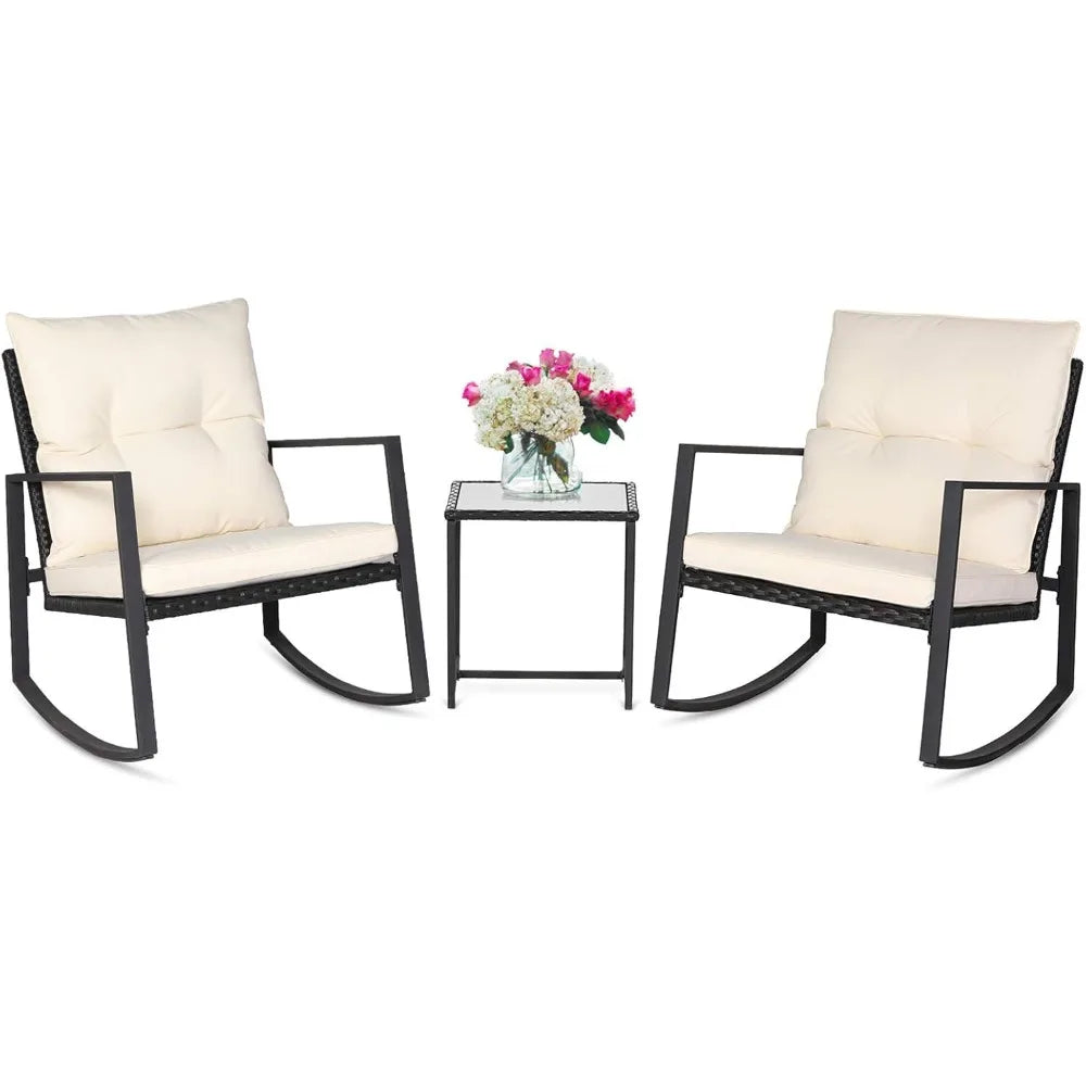 Outdoor Rocking Bistro Set  Wicker Furniture Porch Chairs Conversation Sets with Glass Coffee Table