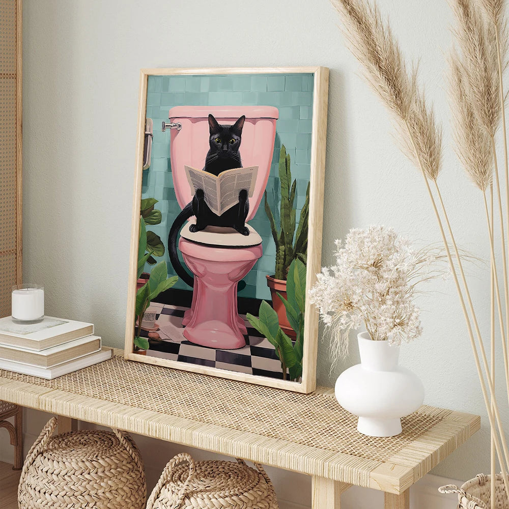 Funny Black Cat Using Toilet Wall Art Cat Reading Newspaper Canvas Posters Prints Pictures Home Batnroom Living Room Decoration