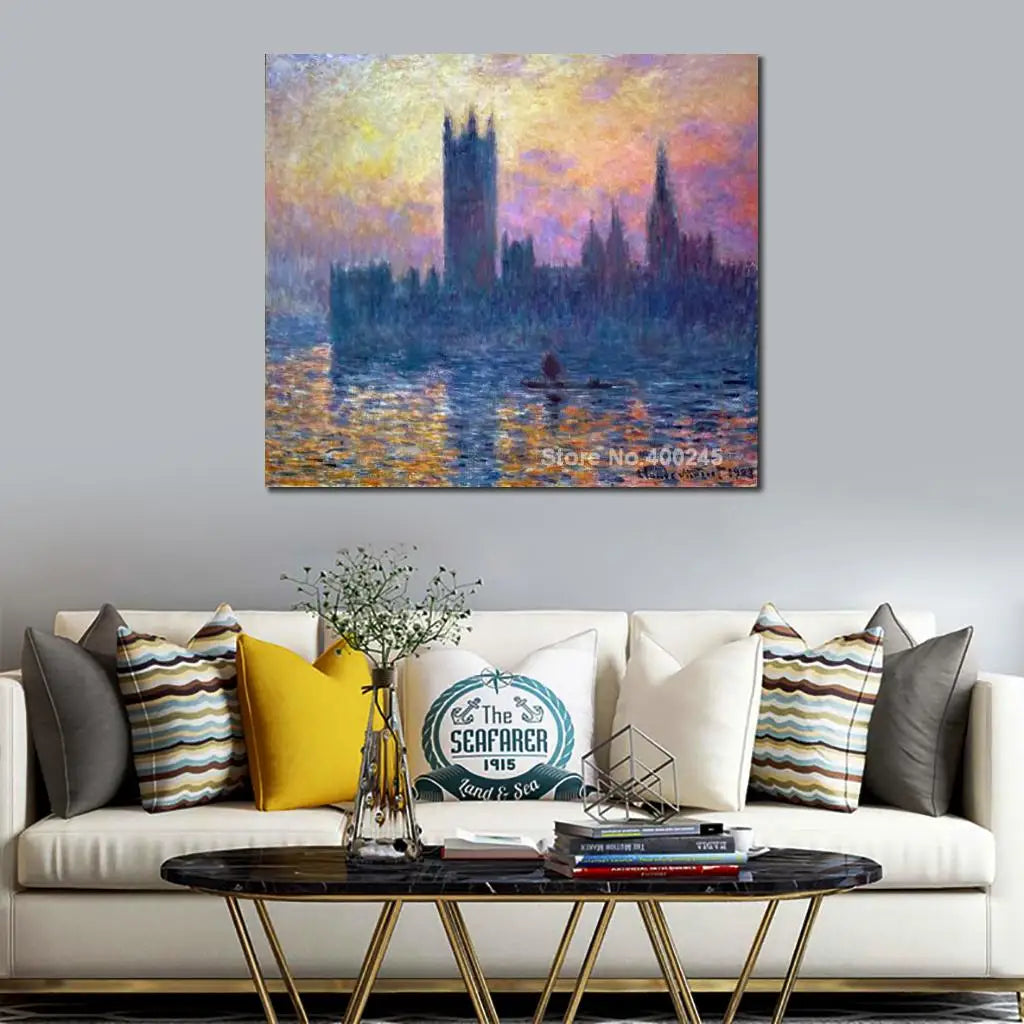 Impressionist Landscape Canvas Art Claude Monet Painting The Houses of Parliament Sunset Artwork Living room Decor High Quality