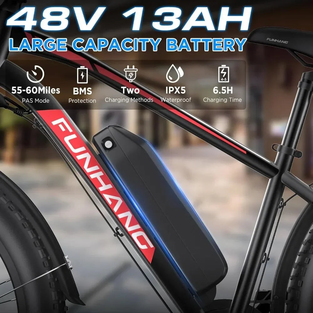 Electric Bike, 750W Peak Ebike, 25MPH 60Miles Electric Mountain Bike, 26" Fat Tire Electric Bicycle with 48V 13AH Battery