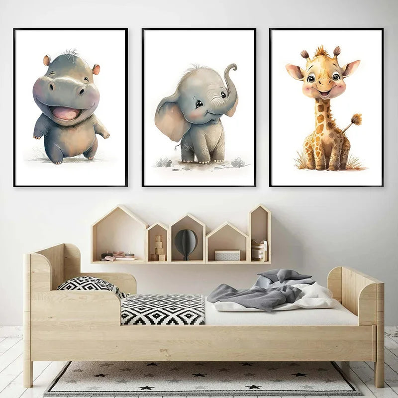 Cartoon Jungle Animals Painting, Cute Elephant, Lion, Hippo, On Canvas  Children's Bedroom Wall Art Pictures Baby Room Decor