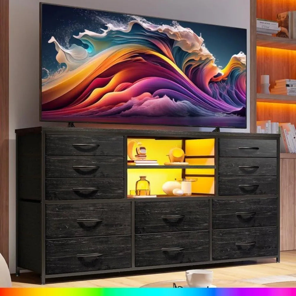 Dresser with LED Lights & Power Outlets, 12 Drawers Dresser TV Stand for 60''TV for Bedroom Dresser Fabric Dressers