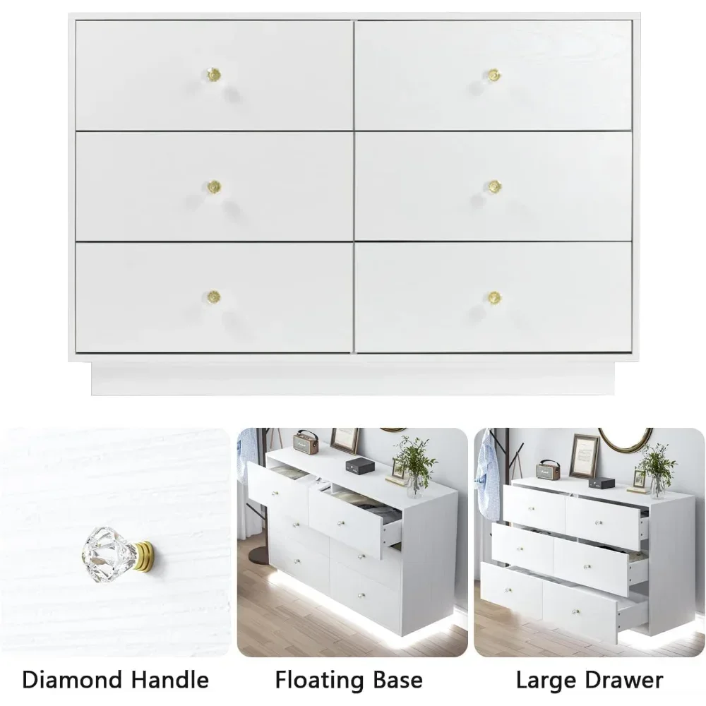 Floating LED 6 Drawer Dresser for Bedroom,Living Room,Hallway, Modern Dressers & Chests of Drawers w/ Diamond Handle,Black/White