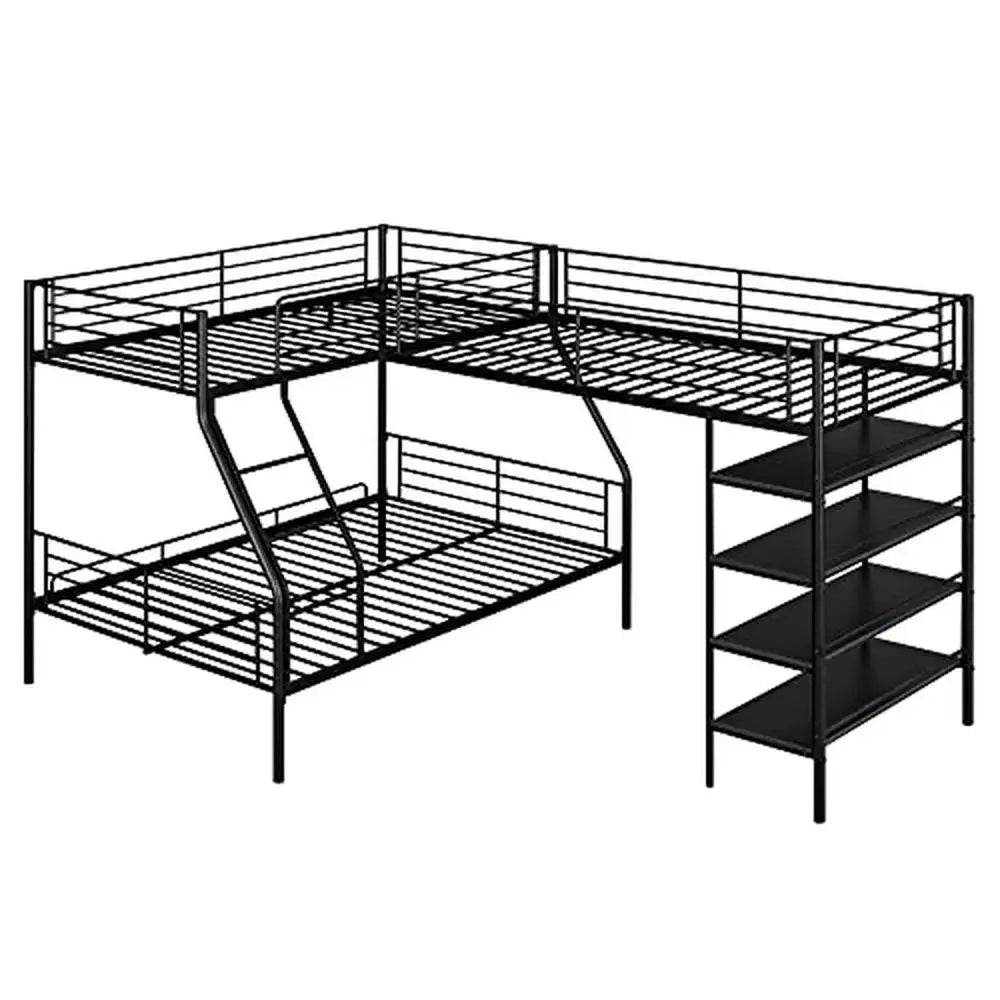 L-Shaped Metal Corner Bunk Bed with Loft & Shelves Twin Over Full Bunk Bed Integrated Ladder & Guardrails No Box Spring Needed