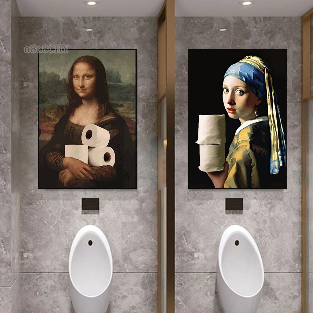 Funny Bathroom Toilet Poster Mona Lisa and Wearing Pearls Girl with Roll Paper Canvas Prints Posters Home Toilet Wall Art Decor