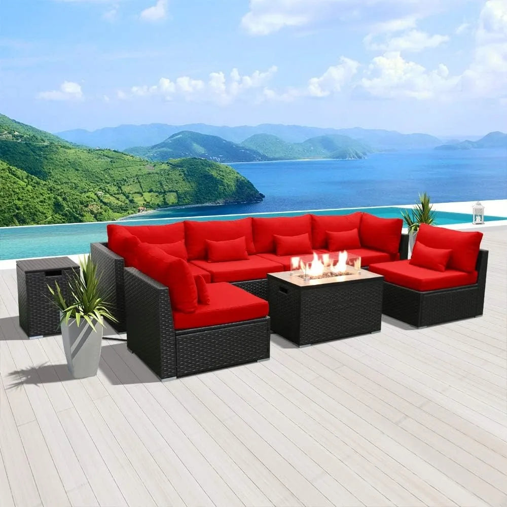 Furniture Sectional Sofa with Gas Fire Pit Table Outdoor Patio Furniture Sets Propane Fire Pit red-Rectangular Garden Sofas