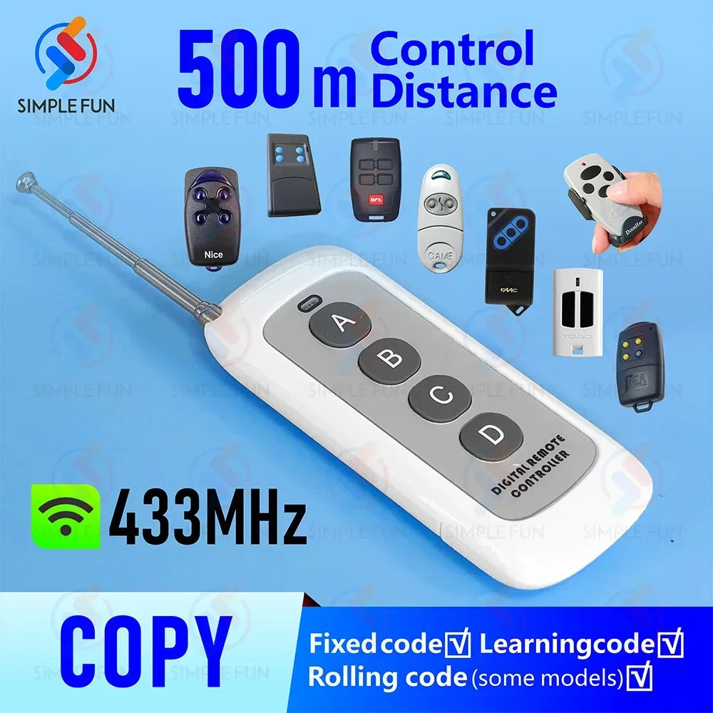 Copy Remote Control 433MHz,500m Control Distance,Duplicator for Garage Door Clone Function Transmitter CAME Nice CASIT BENINCA