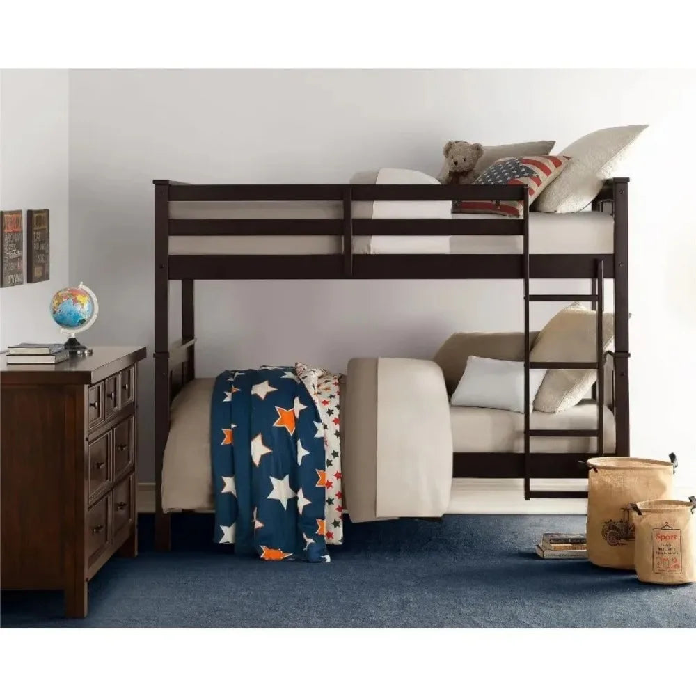 Wood Bunk Bed, Stackable and Detachable Bed Frames for Kids and Teens, with Ladder, High Guardrail.