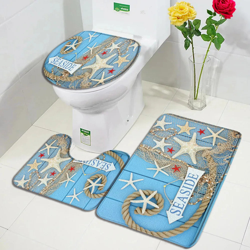 Mediterranean Bath Mat Set Blue Wooden Panel Starfish Conch Beach Carpet Home Bathroom Decoration Non-slip Rugs Toilet Lid Cover