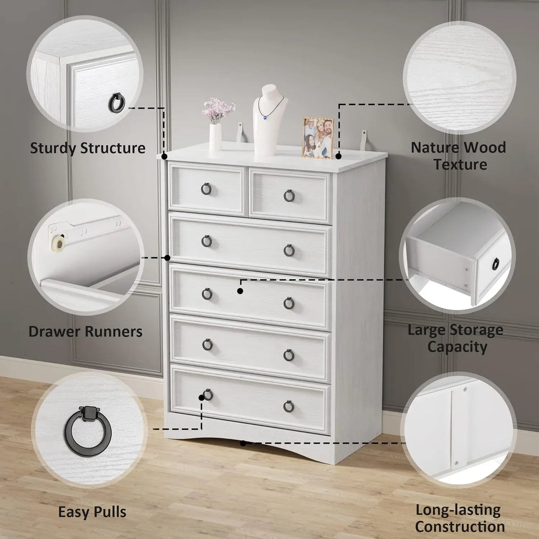 Tall Chest of Drawers Closet Organizers and Storage Clothes - Easy Pull Handle, Textured Borders Living Room, Hallway, White