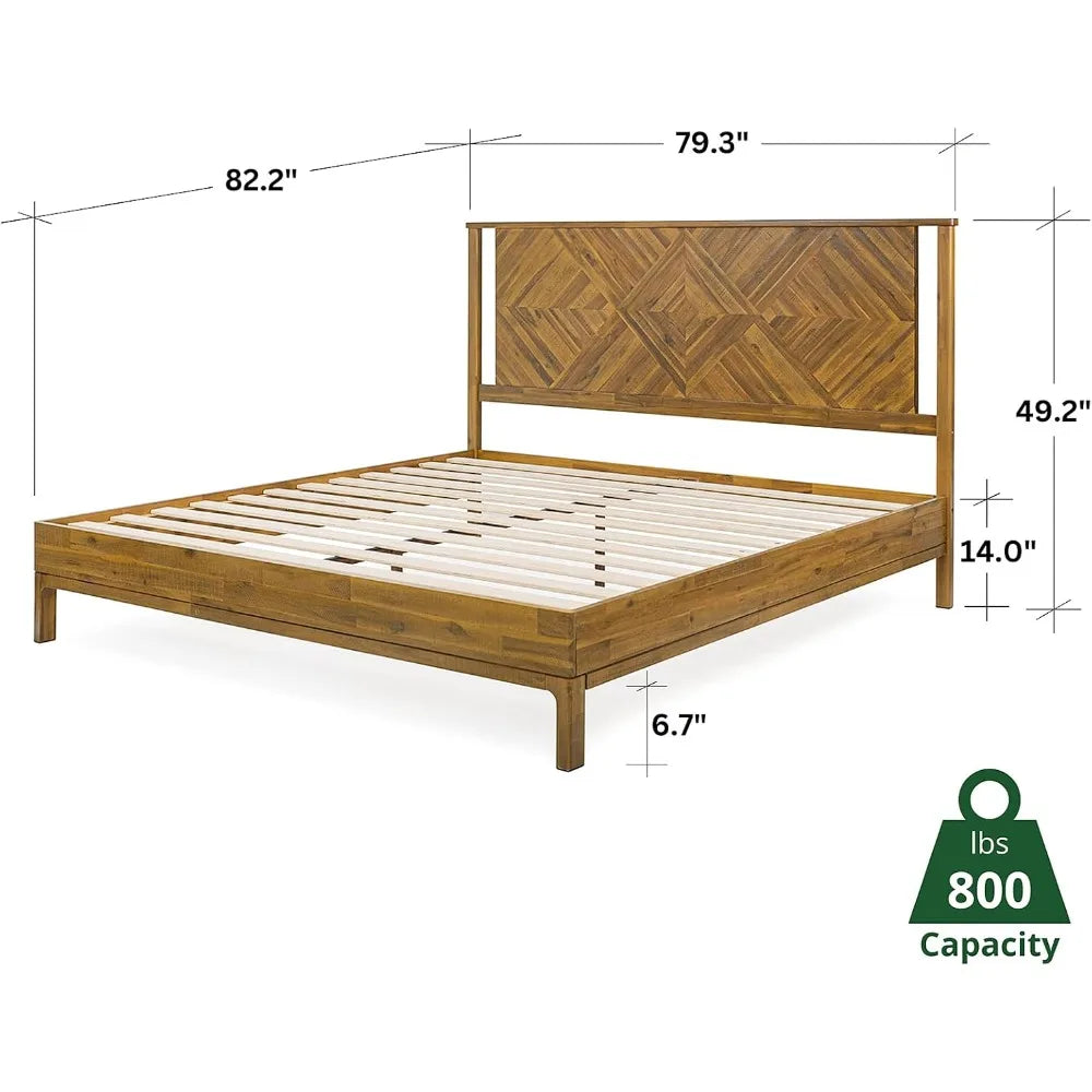 Solid Wood King Bed Frame with Diamond Headboard - Rustic & Mid-century Modern - Acacia Wood Platform Bed - Compatible