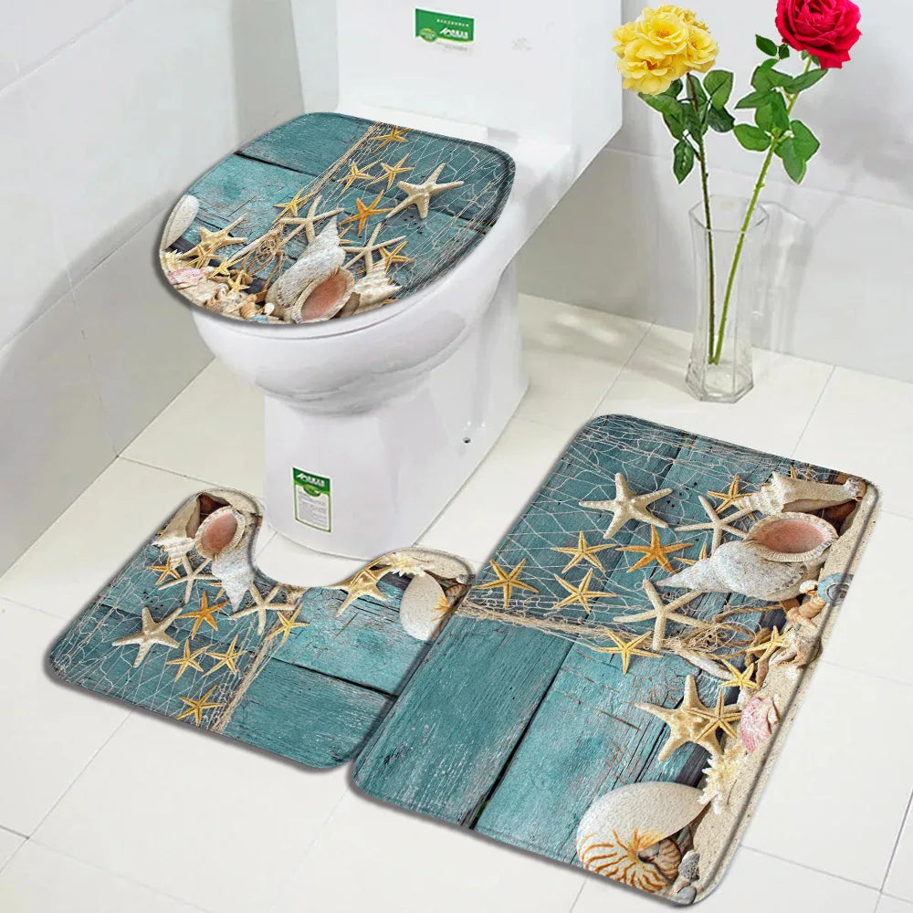 Mediterranean Bath Mat Set Blue Wooden Panel Starfish Conch Beach Carpet Home Bathroom Decoration Non-slip Rugs Toilet Lid Cover