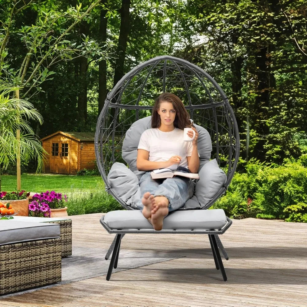 Outdoor Egg Chair with Stand  with Cushion Wicker Chair PE Rattan Chair Footrest Included for Patio, Garden, Backyard, Porch