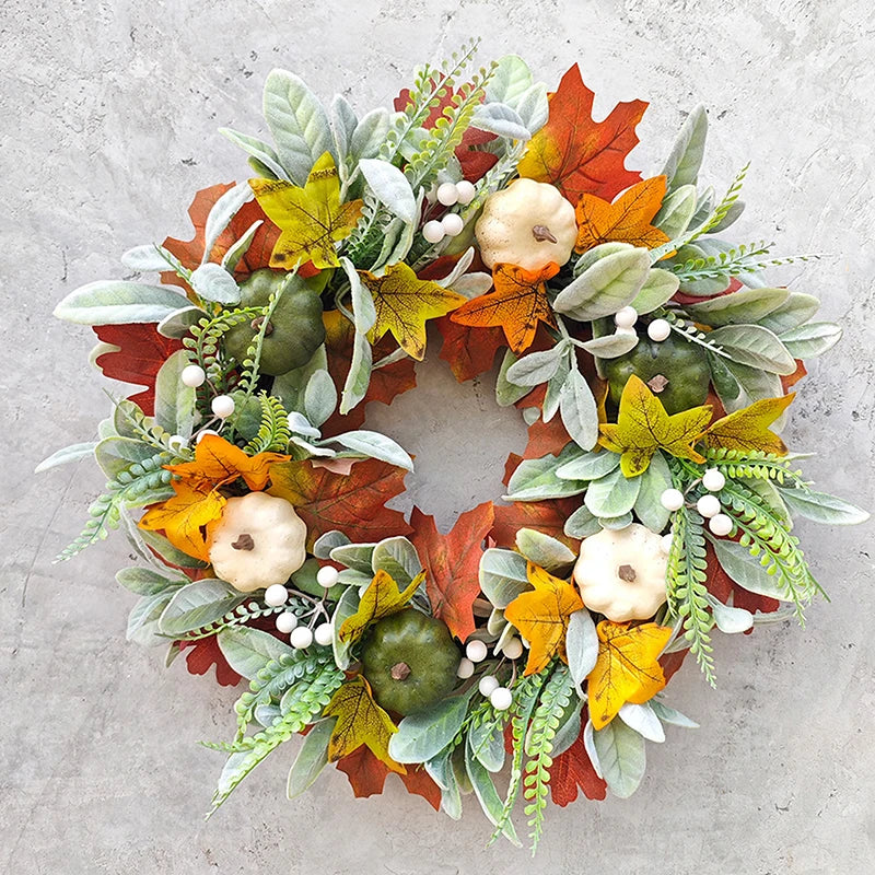 45cm Fall Wreaths Pumpkin Berry Maple Leaf Artificial Wreath Harvest Autumn Door Wreath Christmas New Years Home Hanging Decor