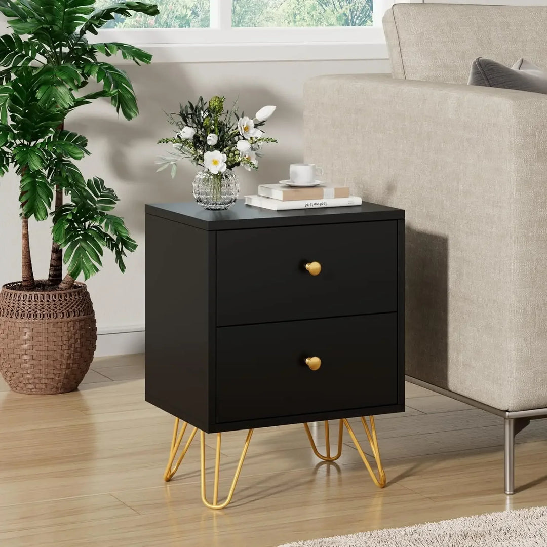 Nightstand, End Side Table, Bedside Table with 2 Drawers Night Stand Metal Legs and Knobs for Bedroom Living Room