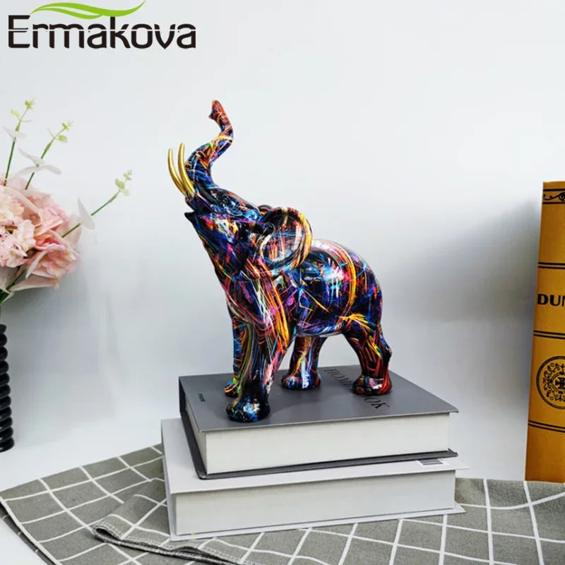 ERMAKOVA Nordic Painting Graffiti Elephant Sculpture Figurine Art Elephant Statue Creative Resin Crafts Home Decoration Gift