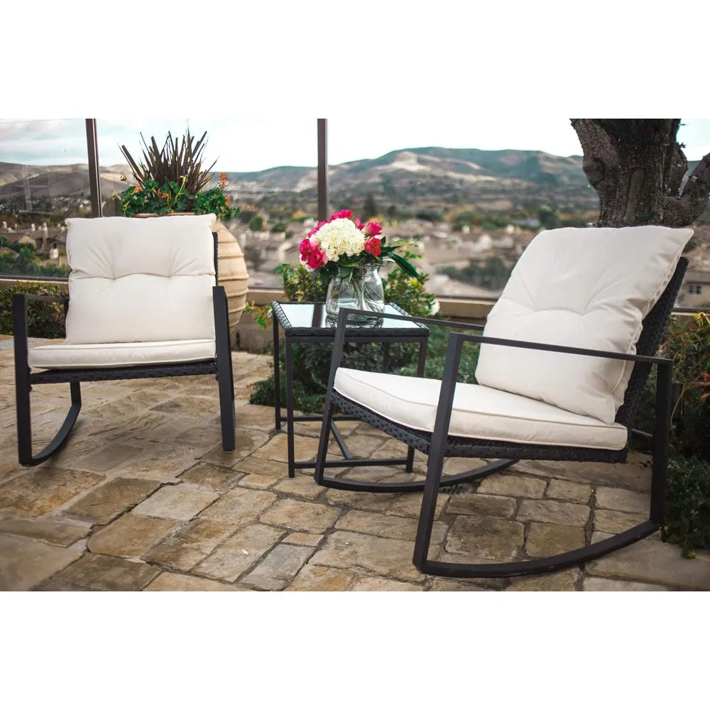 Outdoor Rocking Bistro Set  Wicker Furniture Porch Chairs Conversation Sets with Glass Coffee Table