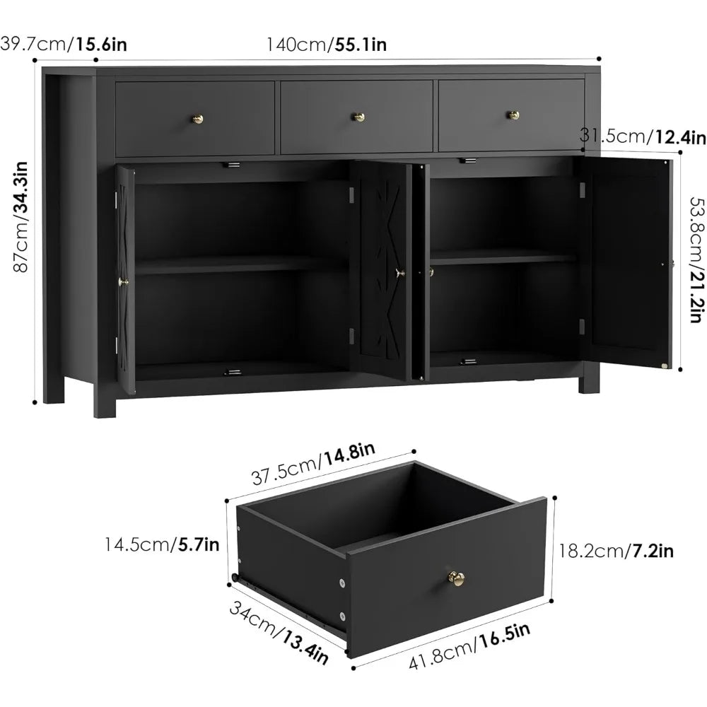 55.1” Large Sideboard Buffet Cabinet, Farmhouse Kitchen Cabinet with 3 Drawers