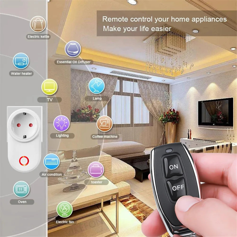 433MHz RF Universal Remote Electric Smart Socket with Remote Control 220V 15A EU Plug Control for Home Appliance/Lamp/Fan